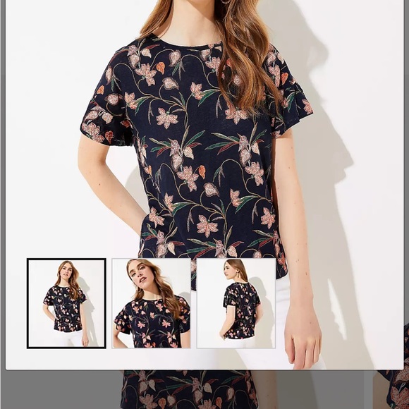 Loft Floral Ruffle Sleeve Linen Tee - Picture 2 of 5